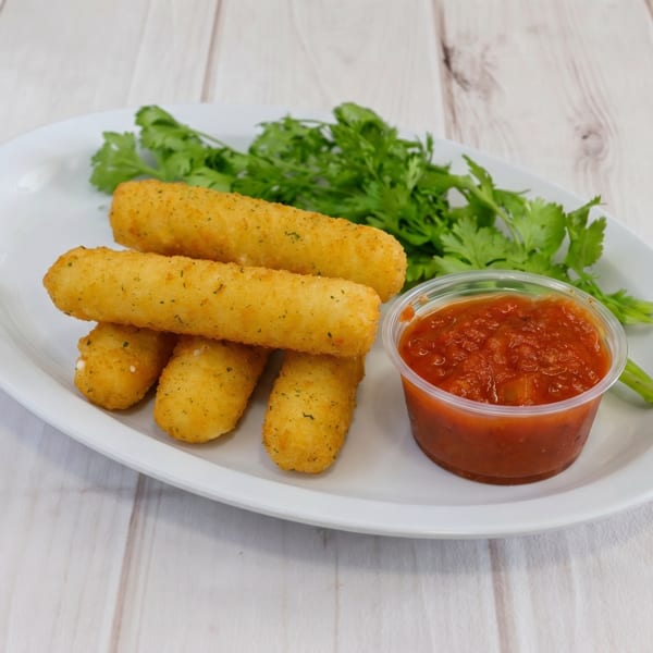 Golden-brown mozzarella sticks with a side of red marinara sauce and green garnish on a white plate.